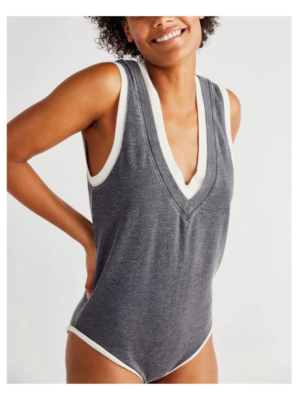 Good condition size XS Free People cozy girl grey and white deep v body suit